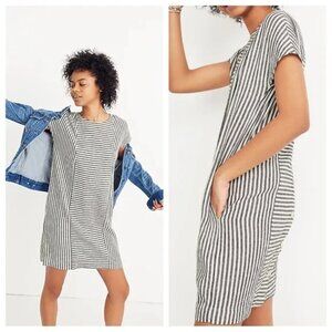 Madewell Linen Blue & Cream Stripe-Play Button-Back Shift Dress